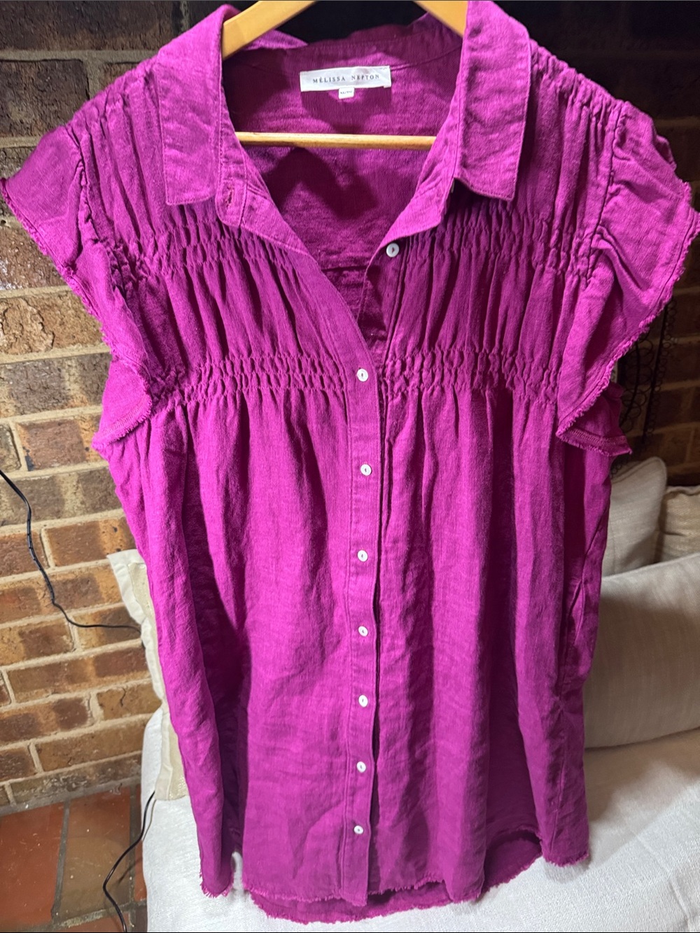 MELISSA NEPTON Magenta Button-Front Smocked Short Sleeve Top